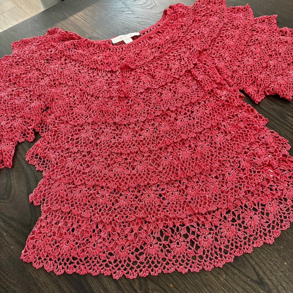 Boston Proper Coral Pink Floral Crochet Lace Sheer Open Knit Blouse XS S